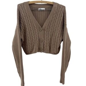 Hollister Cable Knit Cropped Cardigan Womens S Tan Brown V-Neck Y2K Preppy Bella
